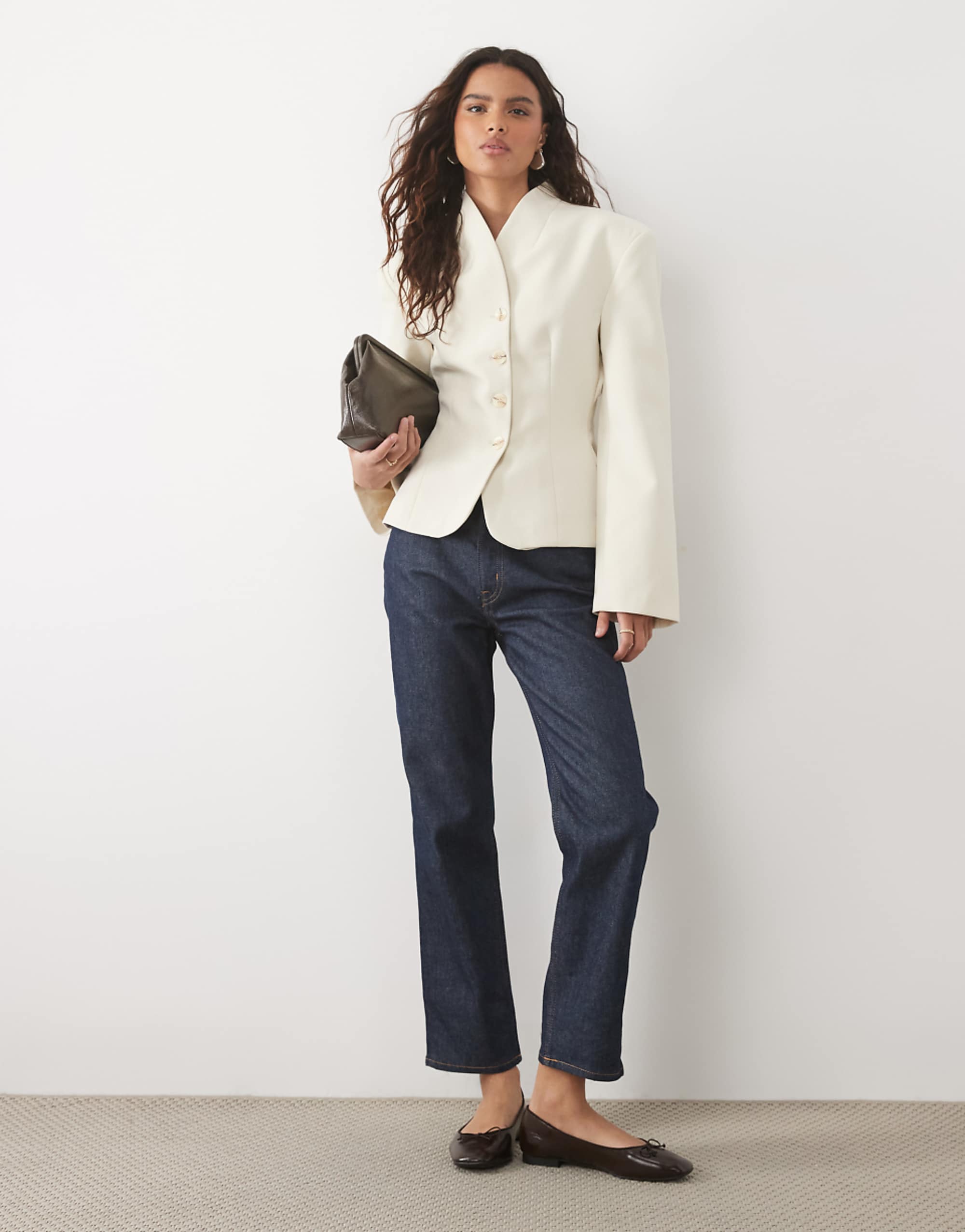 Miss Selfridge Cropped Collarless Blazer in Ivory