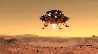 An artist's concept of China's first Mars rover mission, Tianwen-1, landing on the Red Planet.