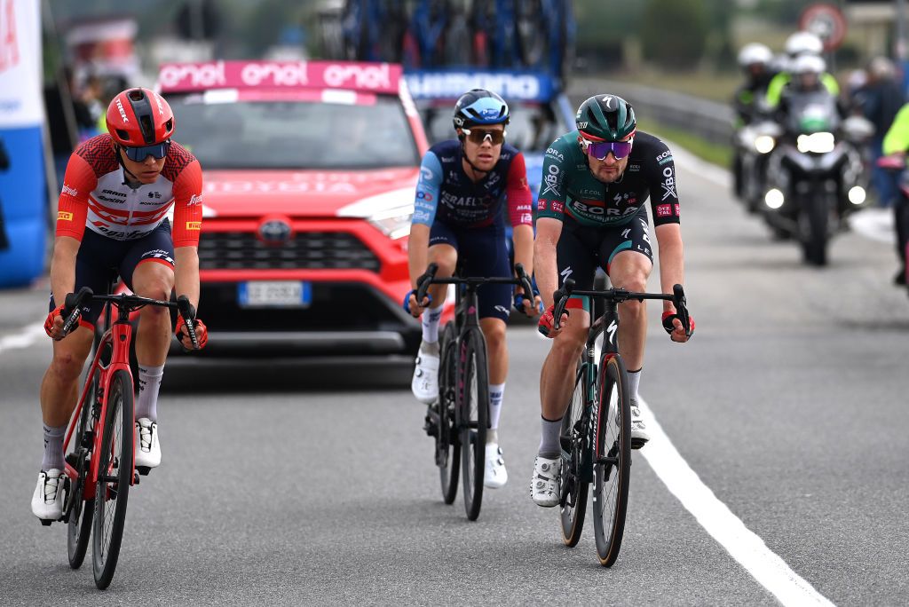 RIVOLI ITALY MAY 18 LR Toms Skuji of Latvia and Team Trek Segafredo and Nico Denz of Germany and Team BORA hansgrohe compete in the breakaway during the 106th Giro dItalia 2023 Stage 12 a 185km stage from Bra to Rivoli UCIWT on May 18 2023 in Rivoli Italy Photo by Tim de WaeleGetty Images