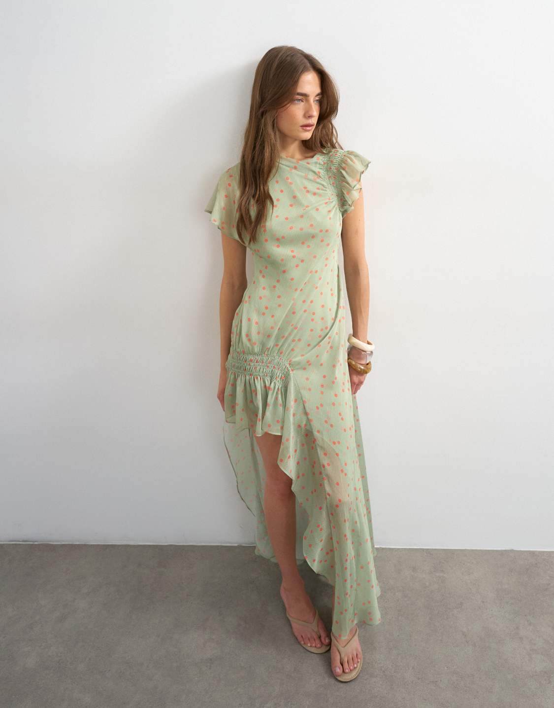 Topshop, Topshop Premium Chiffon High Low Maxi Dress with Eye-Catching Detail in Green Polka Dot