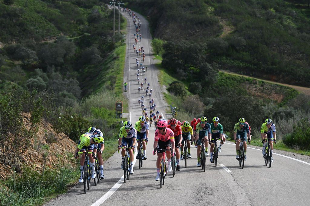 TAVIRA PORTUGAL FEBRUARY 16 LR Mike Teunissen of The Netherlands and Team Intermarche Wanty and Michael Valgren of Denmark and Team EF Education EasyPost lead the peloton during the 50th Volta ao Algarve em Bicicleta 2024 Stage 3 a 1922km stage from Vila Real de Santo Antonio to Tavira on February 16 2024 in Tavira Portugal Photo by Dario BelingheriGetty Images