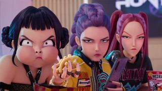 Zoey, Rumi, and Mira looking unimpressed as they eat in Kpop Demon Hunters