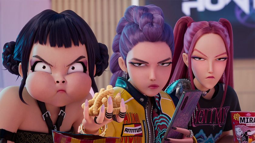 Zoey, Rumi, and Mira looking unimpressed as they eat in Kpop Demon Hunters