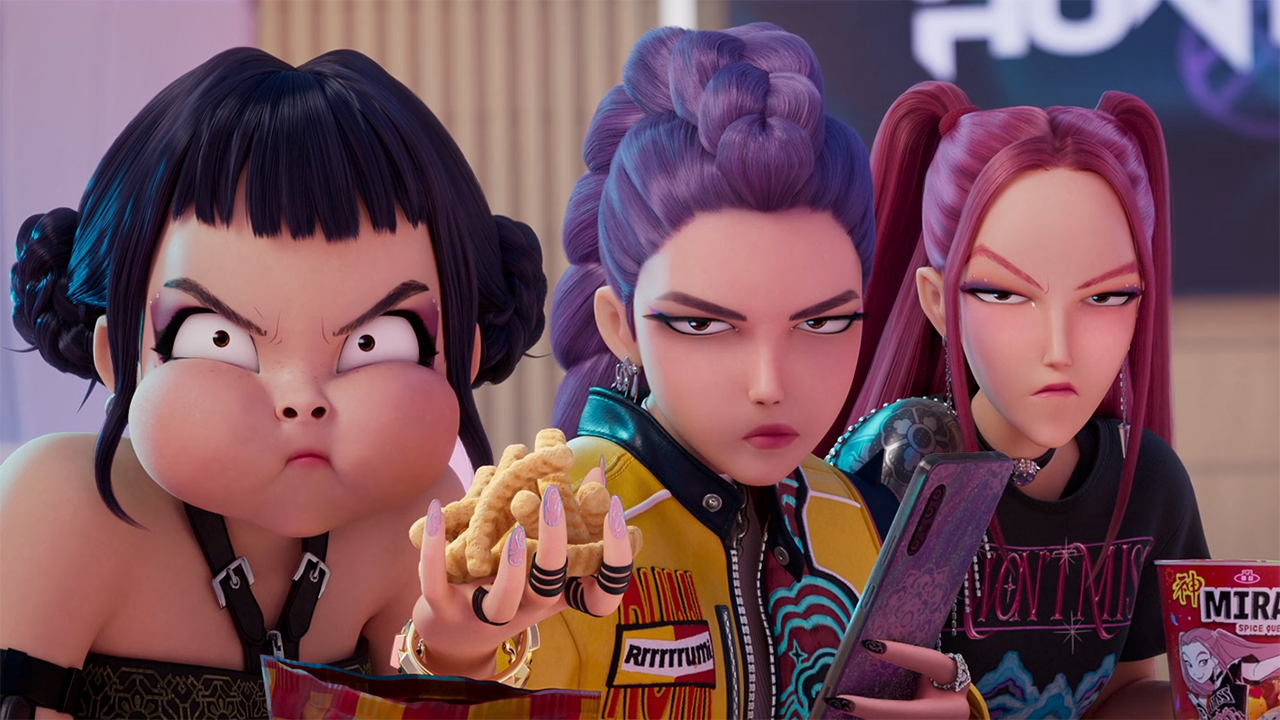 Zoey, Rumi, and Mira looking unimpressed as they eat in Kpop Demon Hunters