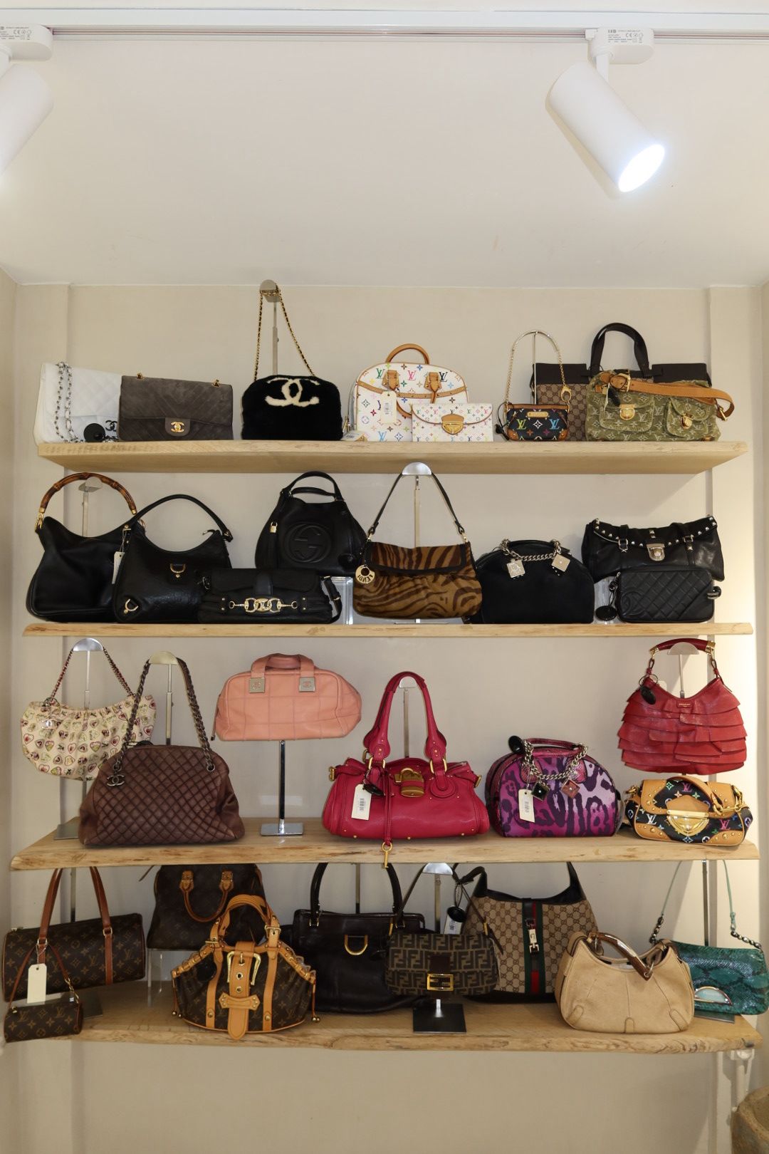 Handbags displayed inside Chez Snow Bunny, one of the best vintage stores in Paris.