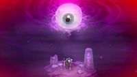 A screenshot of roguelike action RPG Cursemark. At the top of the shot is a single eyeball staring down at a knight kneeling on a platform suspended in a dark purple and red haze.