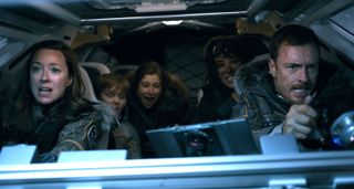The cast of Netflix's "Lost in Space" as seen in Episode 2 of the new series premiering on April 13, 2018. They are (from left to right: Molly Parker as Maureen Robinson; Max Jenkins as Will; Mina Sundwall as Penny; Parker Posey as Dr. Smith; and Toby Stephens as John.