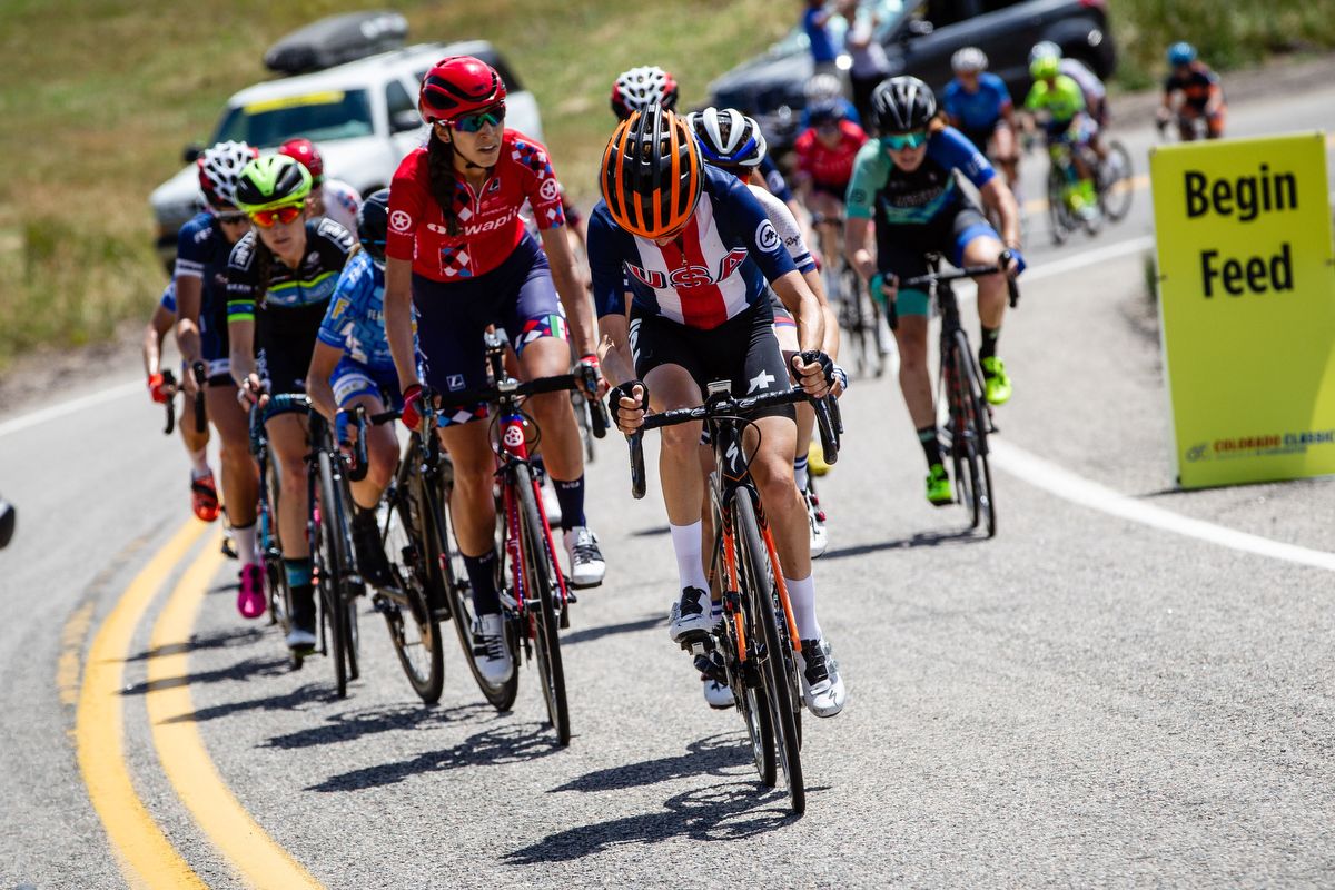 Katie Hall (USA) leads on the climb through the feed zone on stage 1 of the Colorado Classic on August 22, 2019 in Steamboat Springs, Colorado.