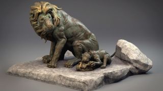 3D rendered bronze lion sculpture