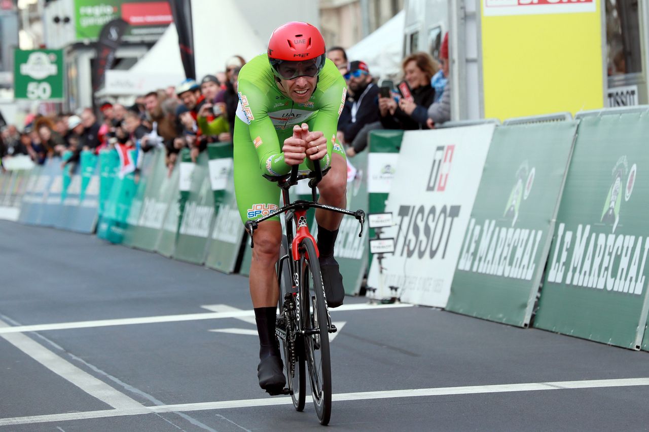 Rui Costa crossing the line to take third overall