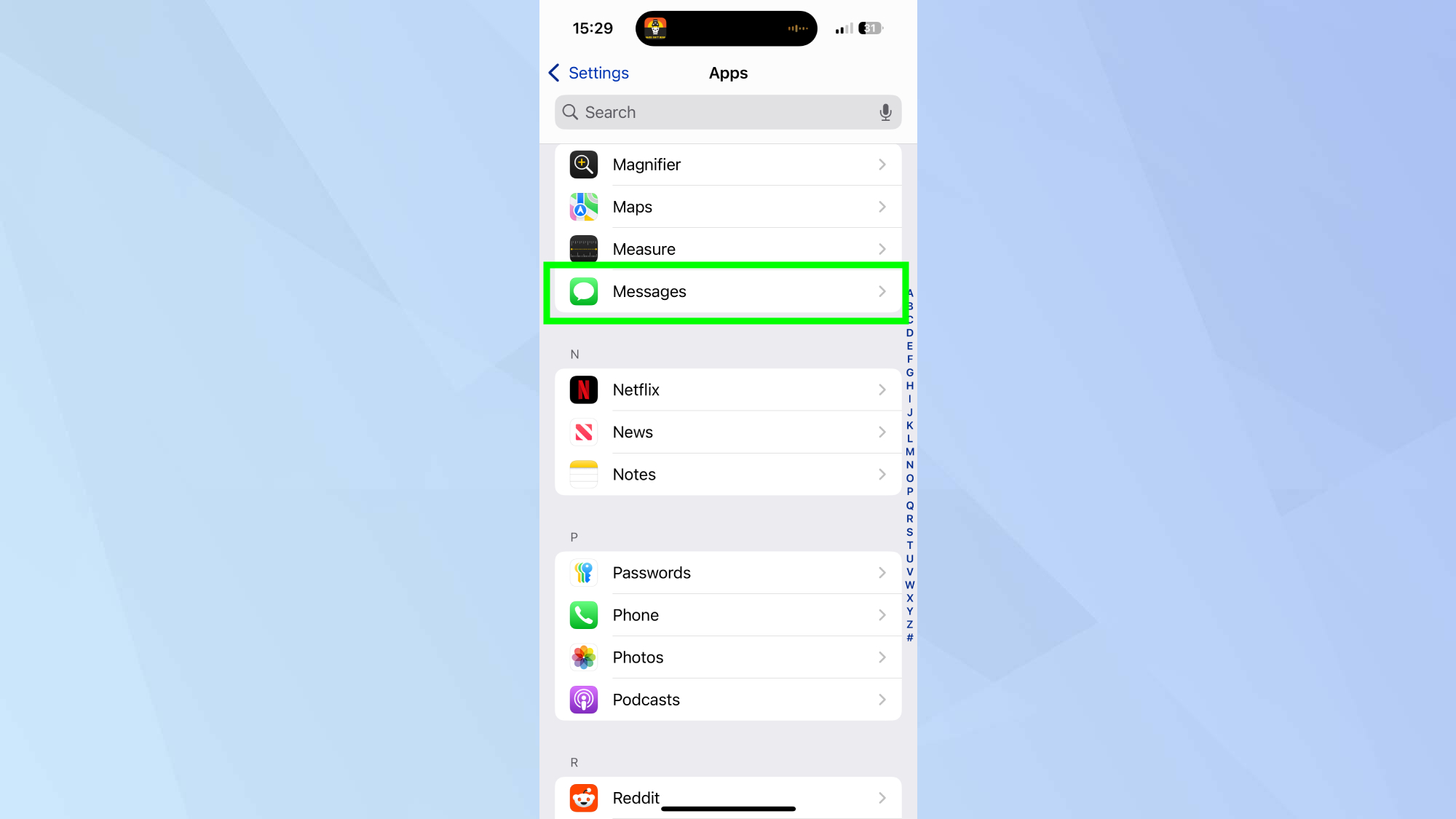 iPhone messages in Settings