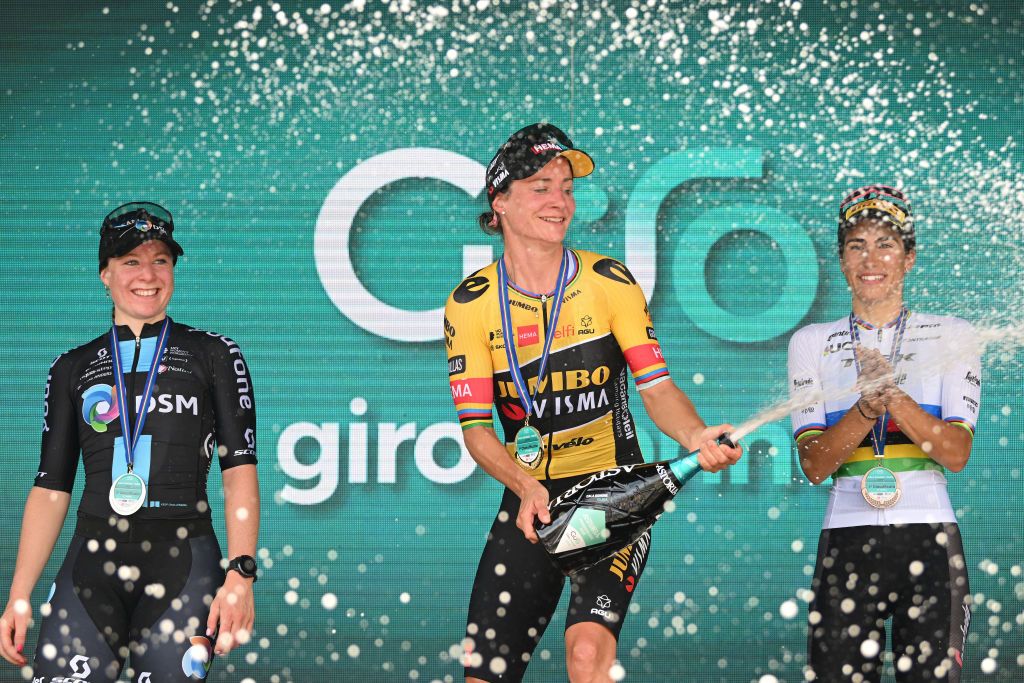 OLBIA ITALY JULY 02 LR Charlotte Kool of Netherlands and Team DSM on second place stage winner Marianne Vos of Netherlands and Jumbo Visma Team and Elisa Balsamo of Italy and Team Trek Segafredo on third place pose on the podium ceremony after the 33rd Giro dItalia Donne 2022 Stage 3 a 1134km stage from Cala Gonone to Olbia GiroDonne UCIWWT on July 02 2022 in Olbia Italy Photo by Dario BelingheriGetty Images