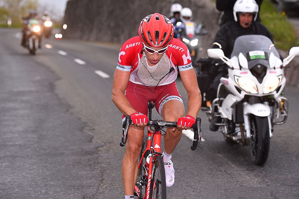 Simon Spilak attacks the yellow jersey group during stage 4 at Tour de Romandie