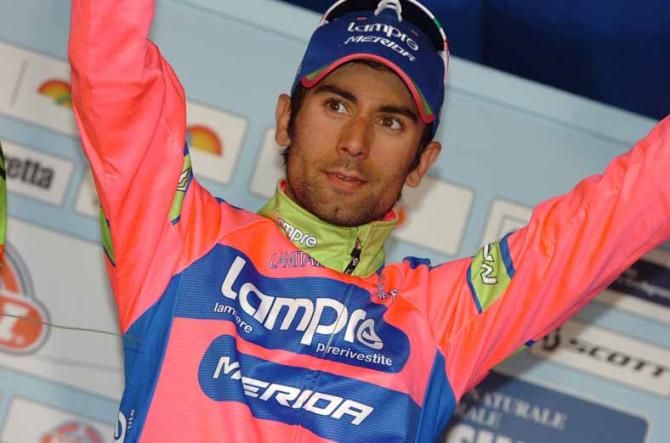 Diego Ulissi (Lampre Merida) on the podium at GP Camaiore.