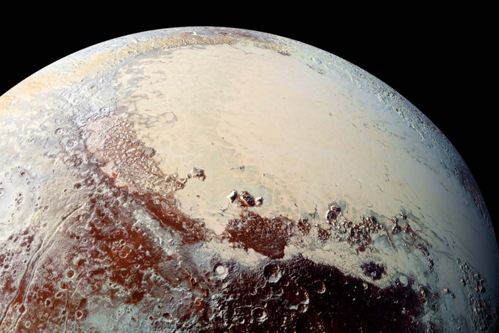 Using New Horizons&#039; MVIC Pluto&#039;s Sputnik Planum comes to life in vibrant colors.