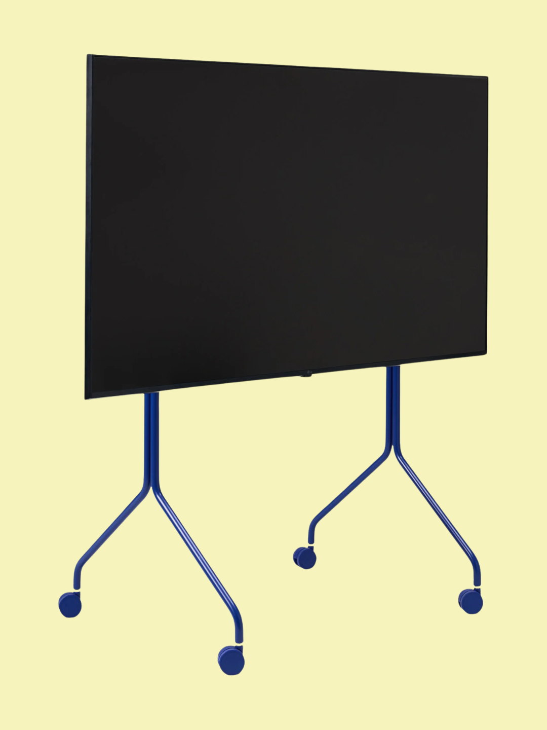 A cobalt blue TV stand on weheels from Pedestal