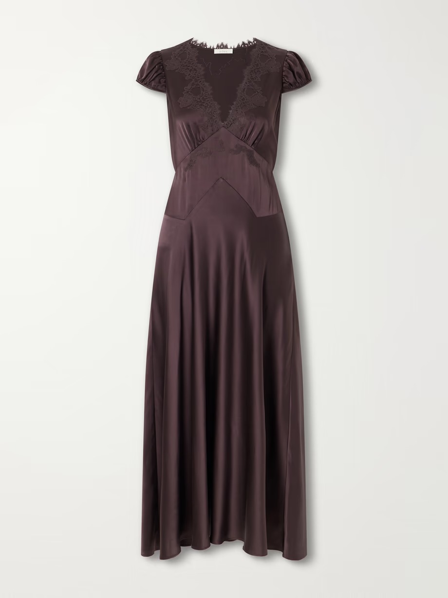 D&amp;ocirc;en, Coraline Lace-Trimmed Silk-Satin Midi Dress