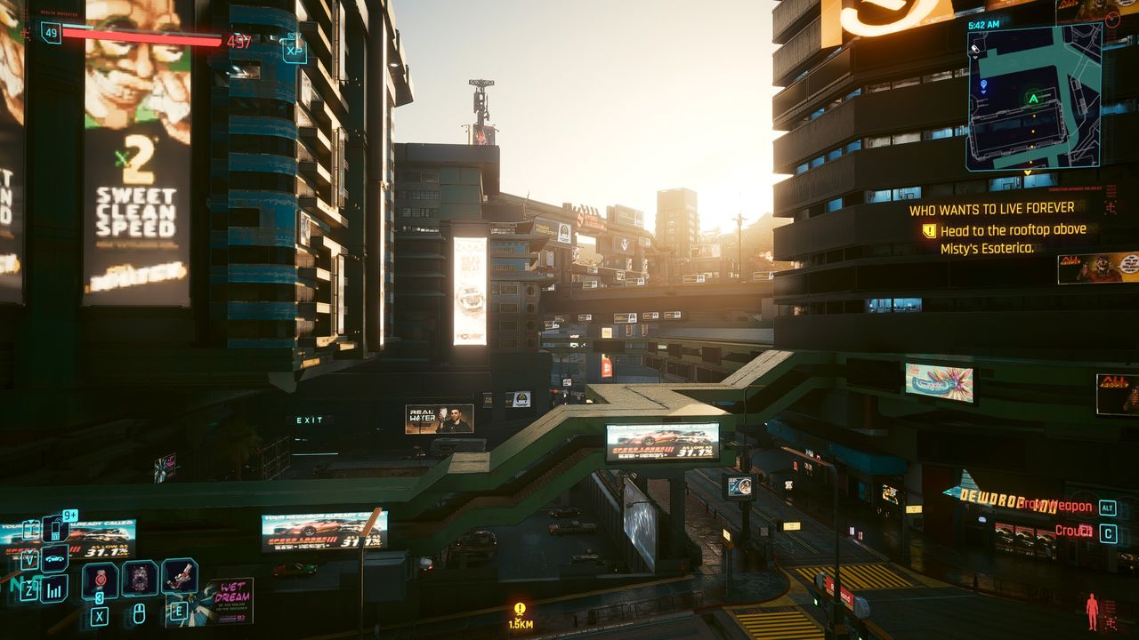 Screenshots of an urban scene in Cyberpunk 2077.