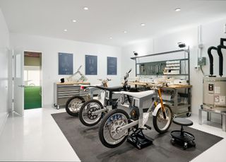 electric motorbikes at CAKE HQ, Venice, California, by Shin Shin Architects