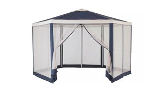 A blue and white hexagonal gazebo with netting side panels