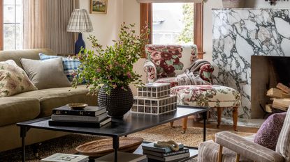 Neutral sitting room in 1920s Tudor revival house in Seattle