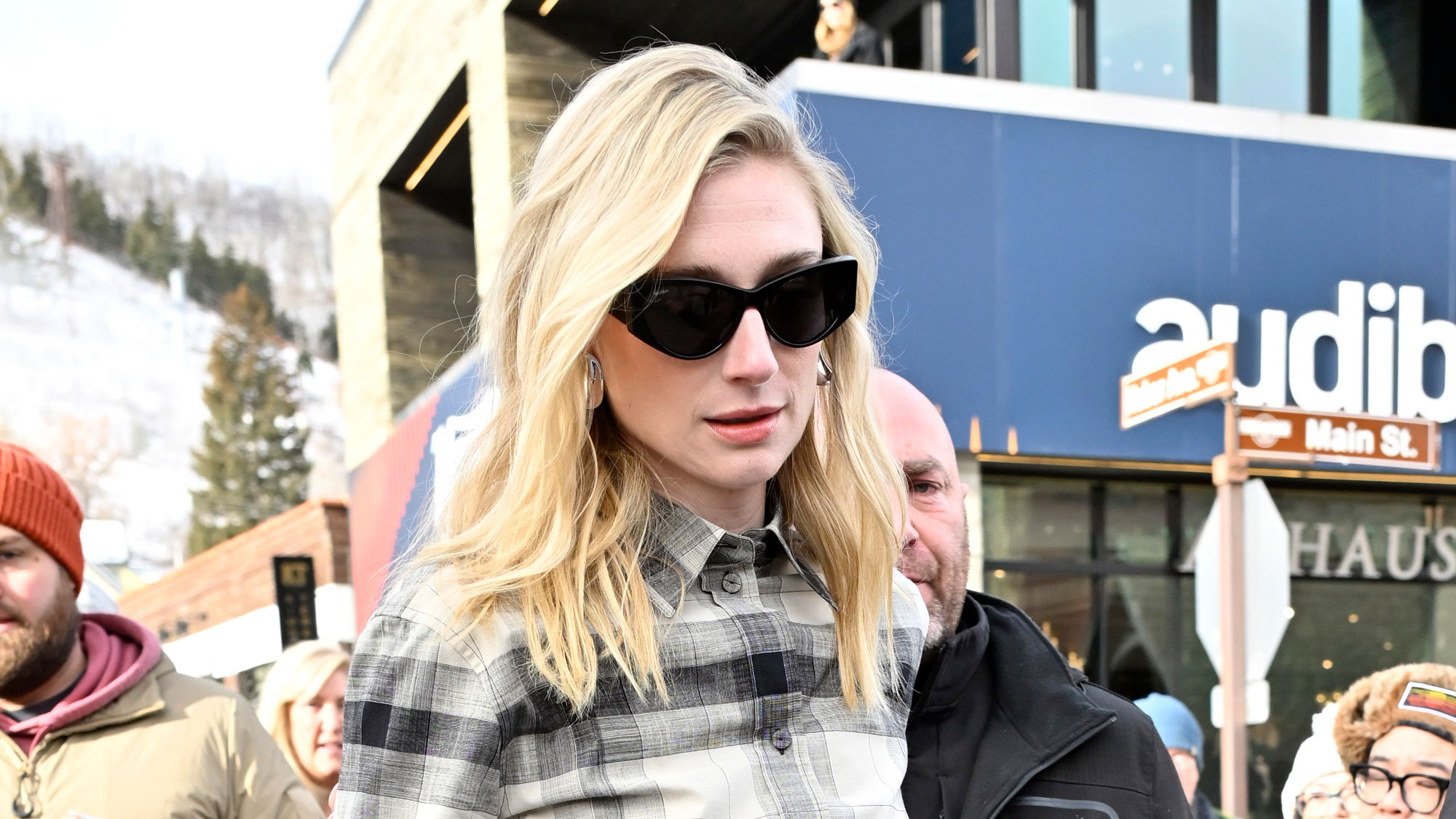 Elizabeth Debicki attends the 2026 Sundance Film Festival wearing Dr. Martens chelsea boots and a plaid shirt
