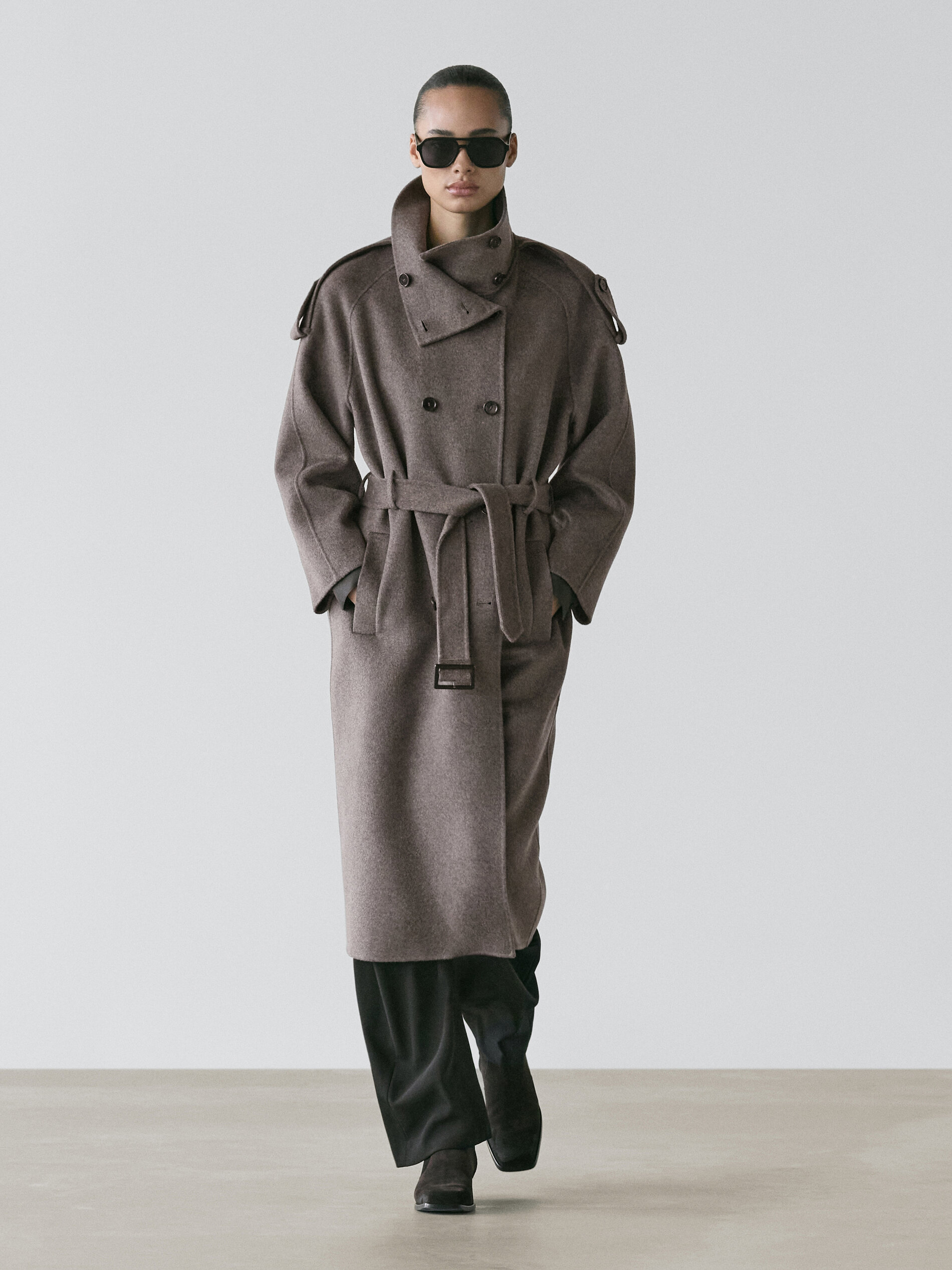 Long Wool Blend Trench Coat With Belt