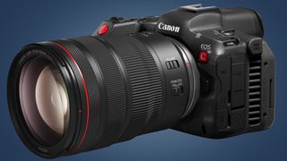 The Canon EOS R5 C cinema camera on a blue background