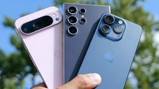 Google Pixel 9 XL, Galaxy S25 Ultra and iPhone 16 Pro in hand