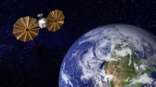 illustration of a spacecraft with large golden solar arrays near earth