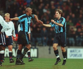 Dion Dublin and Darren Huckerby celebrate a goal for Coventry City against Bolton Wanderers, 1998