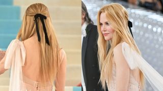 nicole kidman at the 2023 met gala wearing a black hair bow