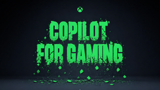 Green &ldquo;COPILOT FOR GAMING&rdquo; text on a dark background appears cracked and breaking apart, with fragments falling downward beneath a small Xbox logo centered above.