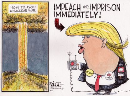 Political cartoon U.S. Trump nuclear war impeachment