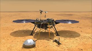 This artist's concept depicts NASA's InSight lander after it has deployed its instruments on the Martian surface.