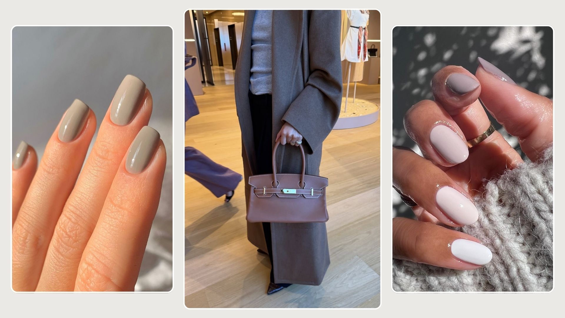 A collage showing two mole brown manicures and a woman wearing a mole brown coat