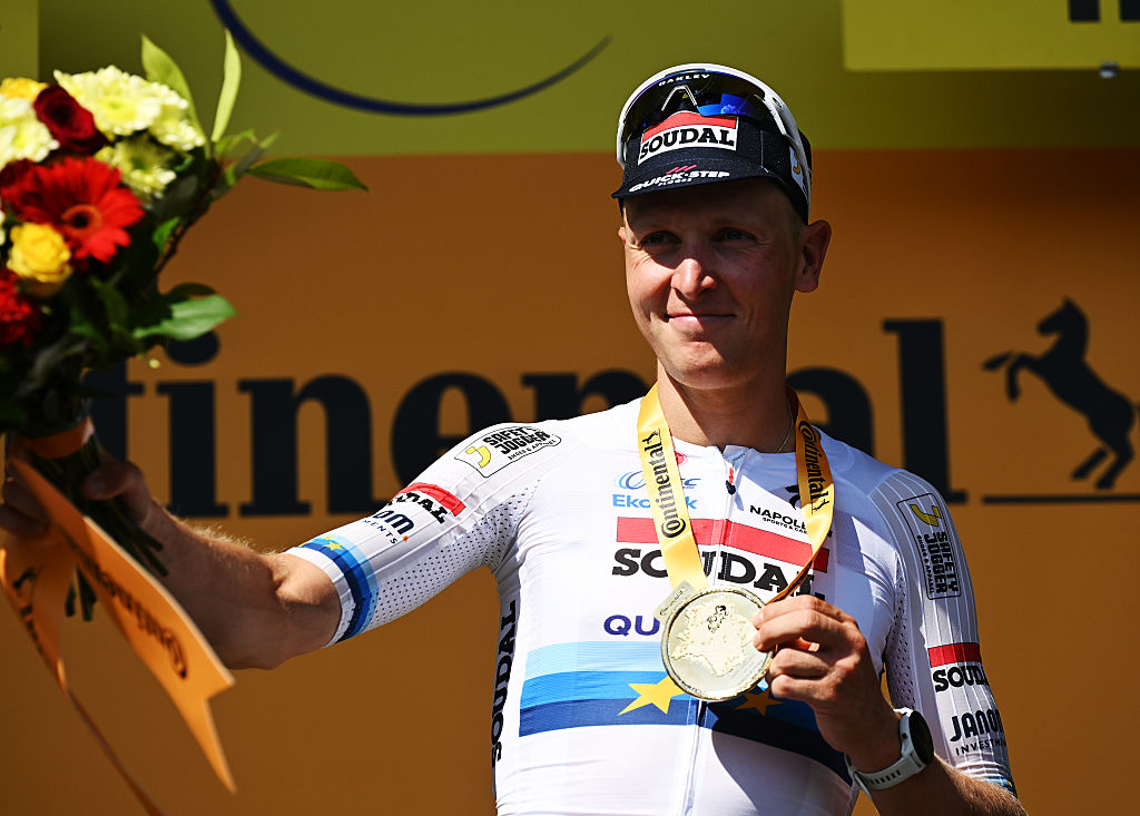 CHATEAUROUX, FRANCE - JULY 13: Tim Merlier of Belgium and Team Soudal Quick-Step celebrates at podium as stage winner during the 112th Tour de France 2025, Stage 9 a 174.1km stage from Chinon to Chateauroux ) / #UCIWT / on July 13, 2025 in Chateauroux, France.