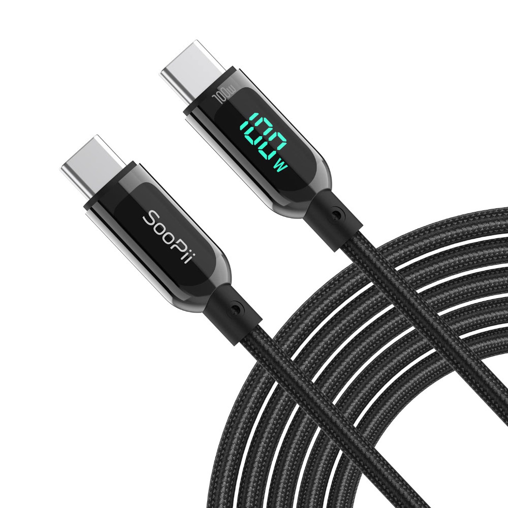 A black SooPii USB-C cable with an LED against a white background.