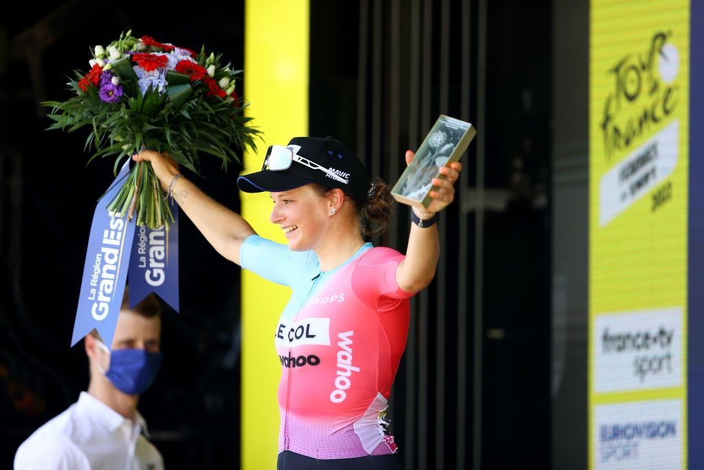 PARIS FRANCE JULY 24 Gladys Verhulst of France and Team Le Col Wahoo celebrates at podium as Most Combative Rider Prize winner during the 1st Tour de France Femmes 2022 Stage 1 a 817km stage from Paris Tour Eiffel to Paris Champslyses TDFF UCIWWT on July 24 2022 in Paris France Photo by Michael SteeleGetty Images