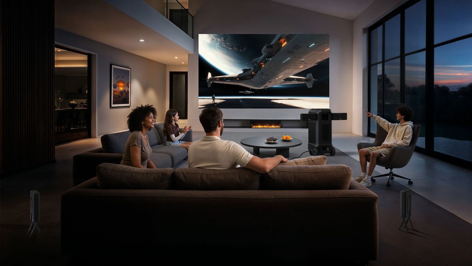 Anker Soundcore Nebula X1 Pro in a rendered image showing a very big room with a very big image of a very big spaceship. There are four people watching the movie.