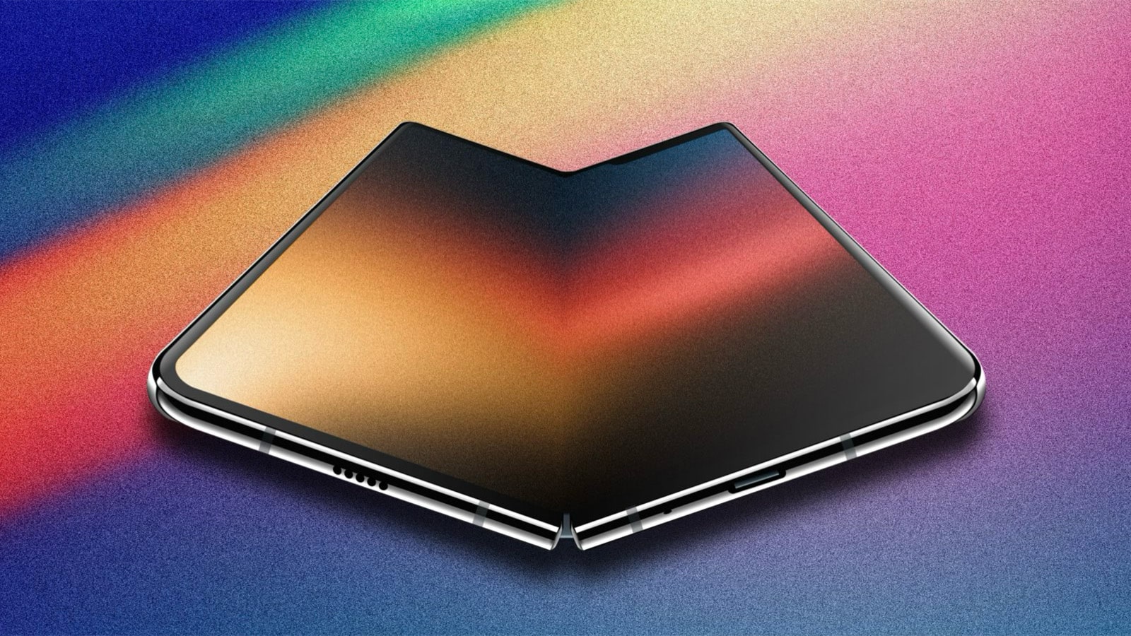 A foldable iPhone concept against a multi-colored background.