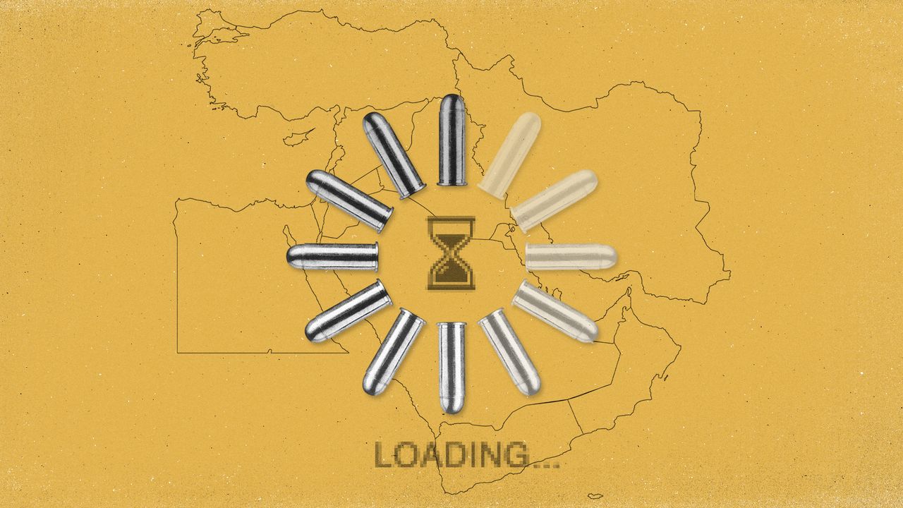 Map of the Middle East with a loading icon composed of bullets