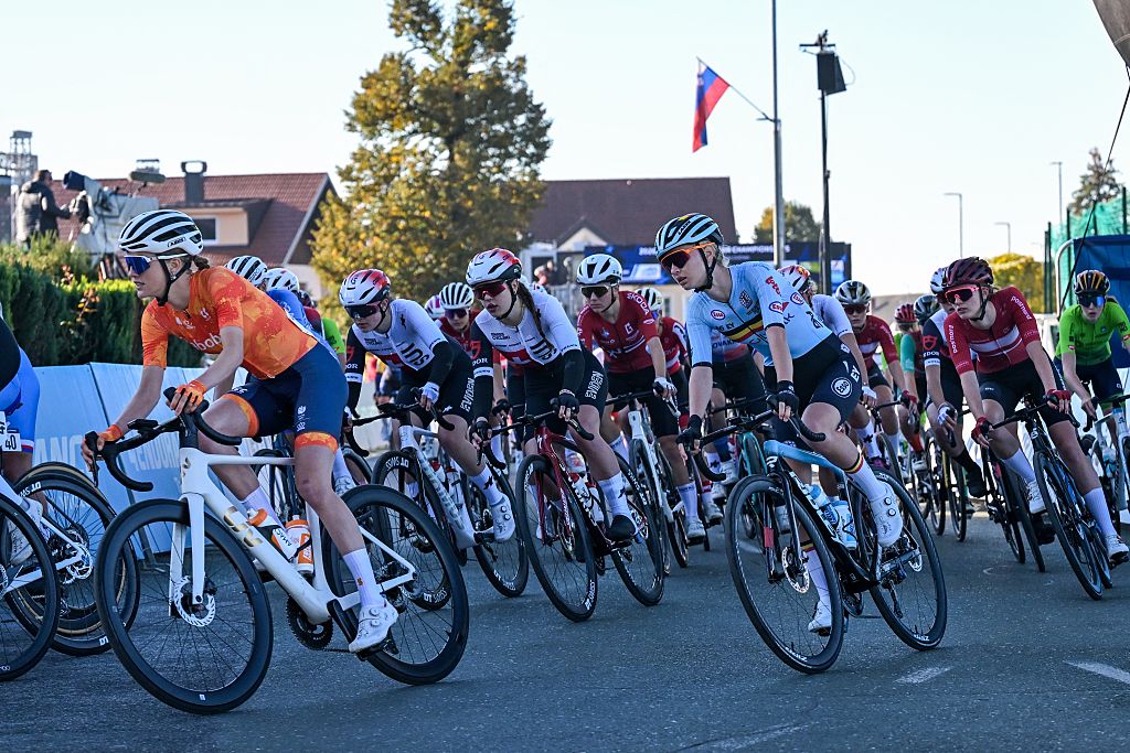 The Junior Women's peloton during the 2026 UEC Road European Championships in &Scaron;enčur, Slovenia. (Photo by DAVID PINTENS / BELGA MAG / Belga / AFP via Getty Images)