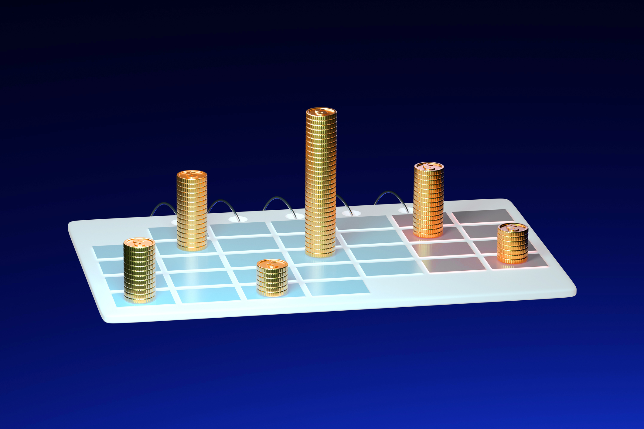 Gold coins stacked on a calendar grid representing money growth and investment planning