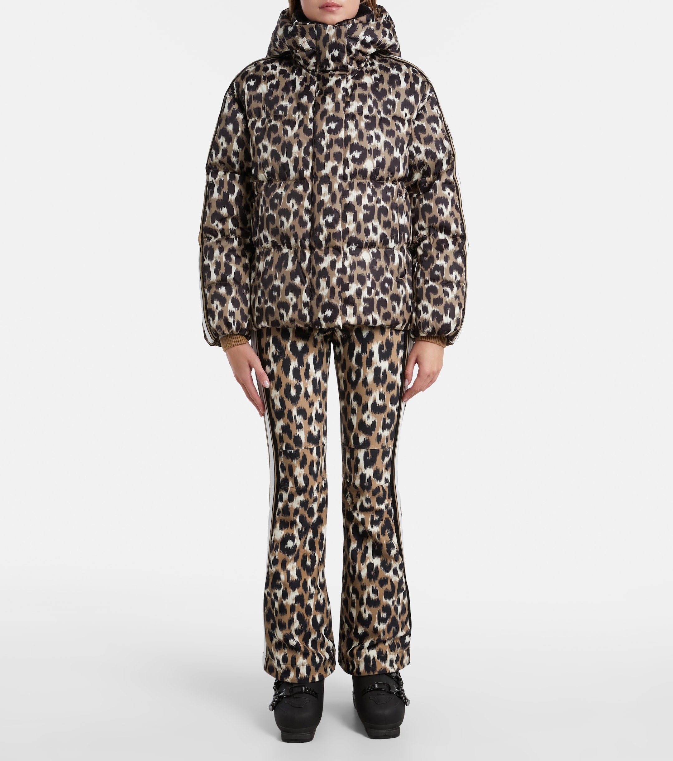 a model waring leopard print ski wear from fusalp