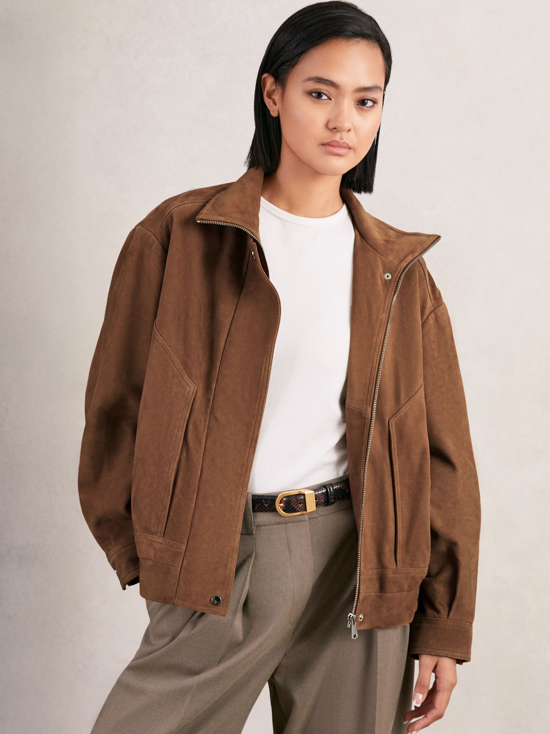 Suede Funnel-Neck Bomber Jacket in Tan