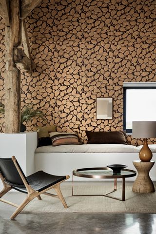 Brown Autumn leaf wallpaper with window seat idea in front