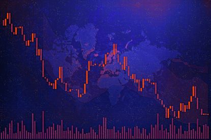 Global stock market downturn, featuring a red candlestick chart against a dark blue world map backdrop