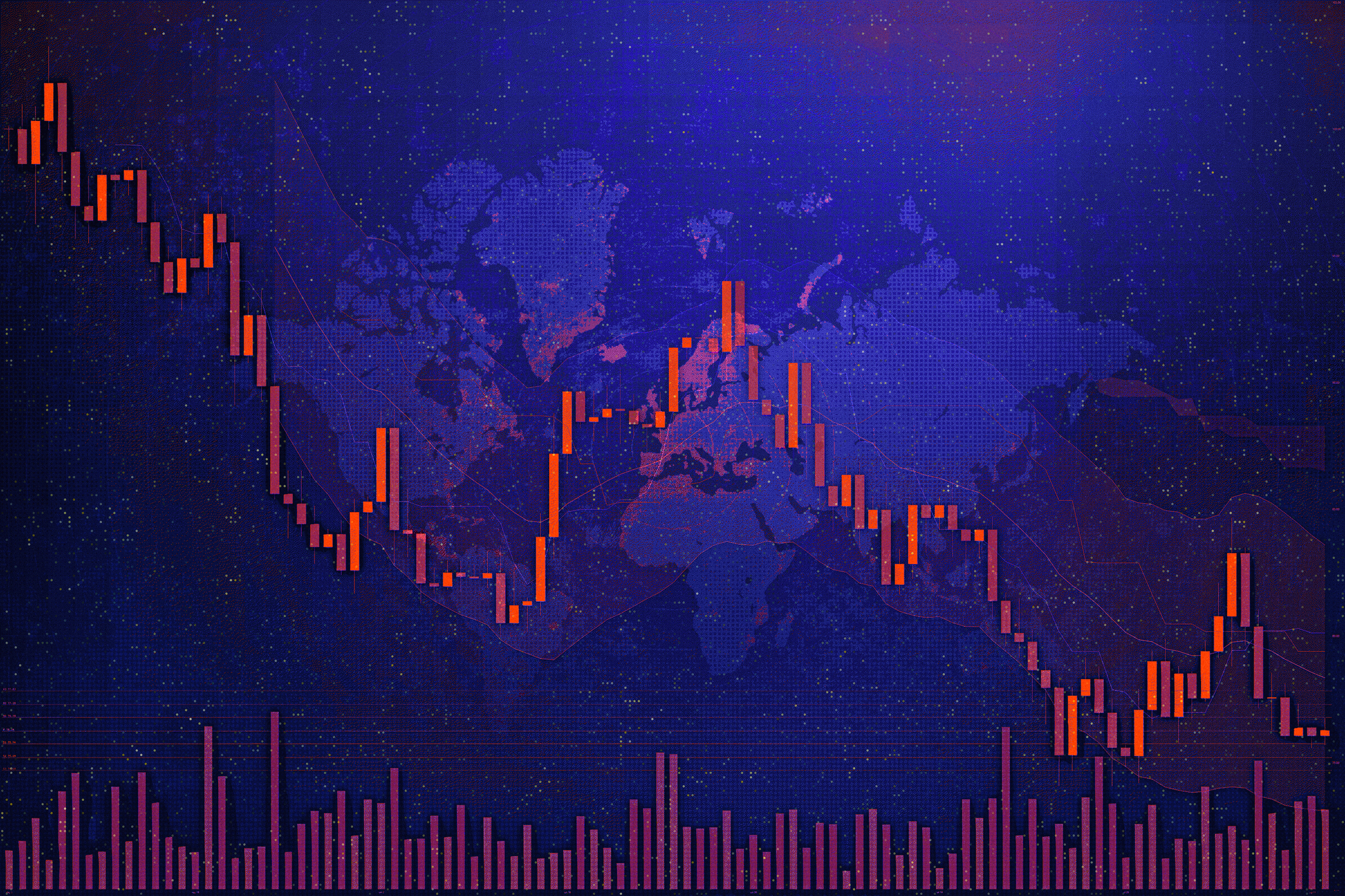 Global stock market downturn, featuring a red candlestick chart against a dark blue world map backdrop