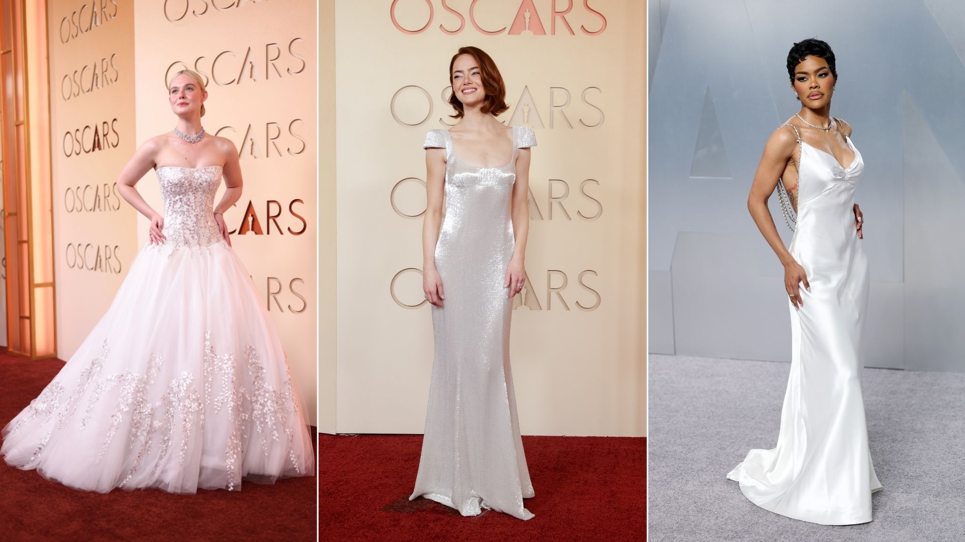 An image of the bridal white colour trend on the 2026 Oscars red carpet.